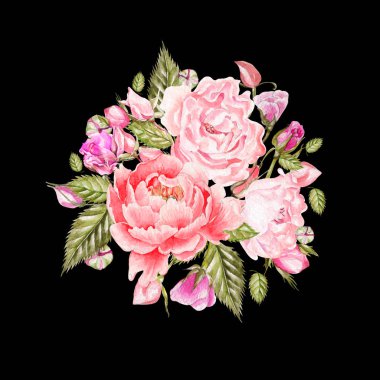 Vintage kartı Şakayık ve gül. Suluboya. Elle çizilmiş. 