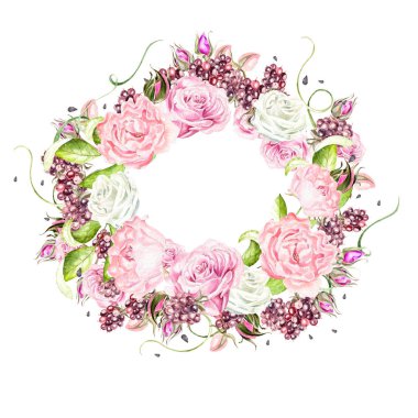 Gül çiçek ve meyveleri ile güzel suluboya kartı. Çelenk düğün.