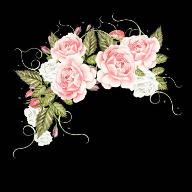 Gül çiçek ve meyveleri ile güzel suluboya kartı. Çelenk düğün.