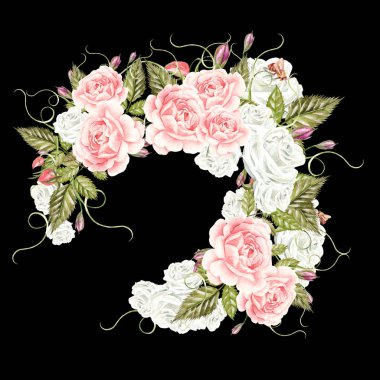 Gül çiçek ve meyveleri ile güzel suluboya kartı. Çelenk düğün.