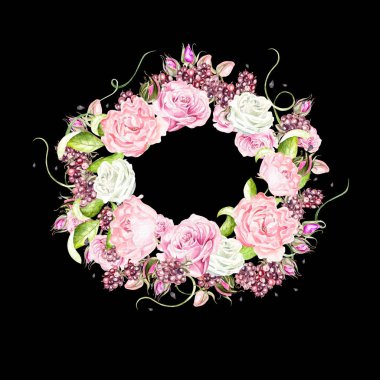 Gül çiçek ve meyveleri ile güzel suluboya kartı. Çelenk düğün. 