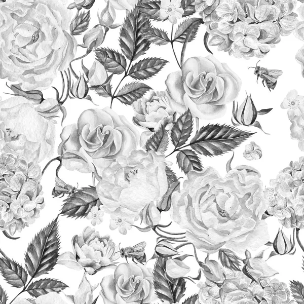 Vacker akvarell mönster med blommor rosor, pioner, hortensia. — Stockfoto
