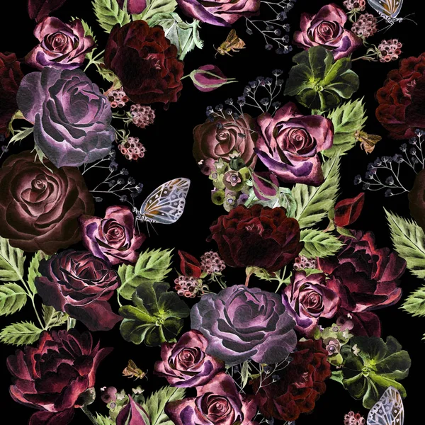 Watercolor pattern with flowers roses, peonies, petunias, blackberries and blueberries. — Stock Photo, Image
