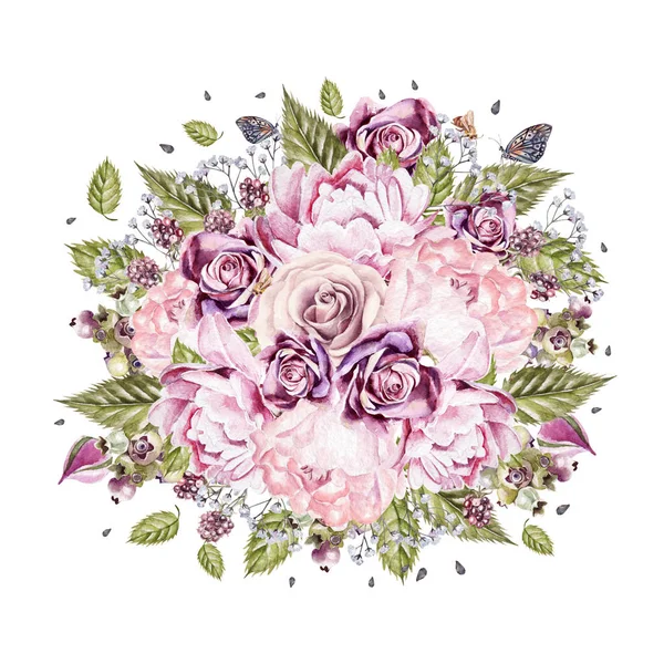 薔薇、牡丹、ベリーと水彩のビンテージ カード. — ストック写真