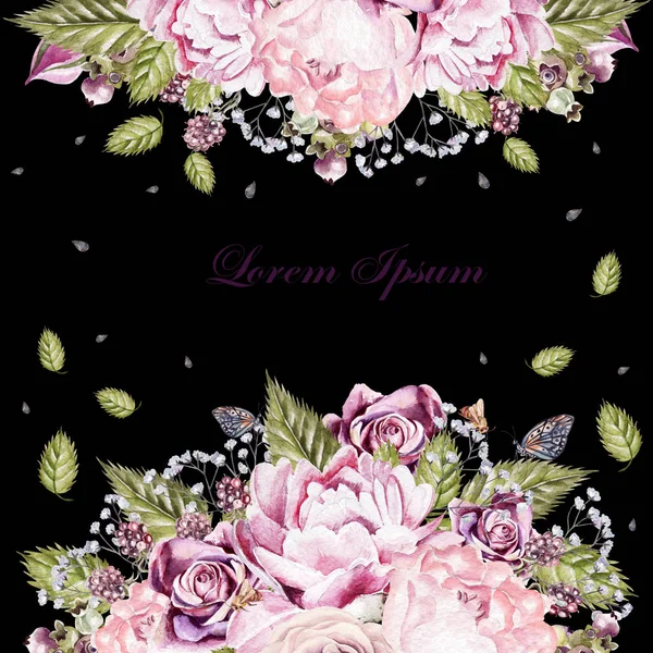 Belo cartão de aquarela com flores de rosas e bagas. Borboletas e plantas . — Fotografia de Stock