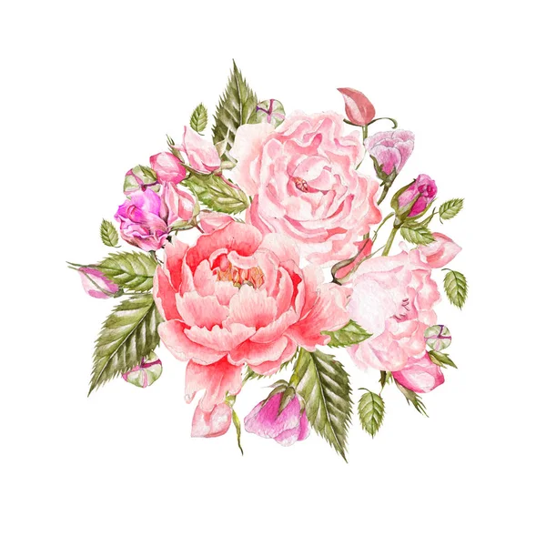 Scheda Vintage con peonia e rose, Acquerello. Disegnato a mano . — Foto Stock