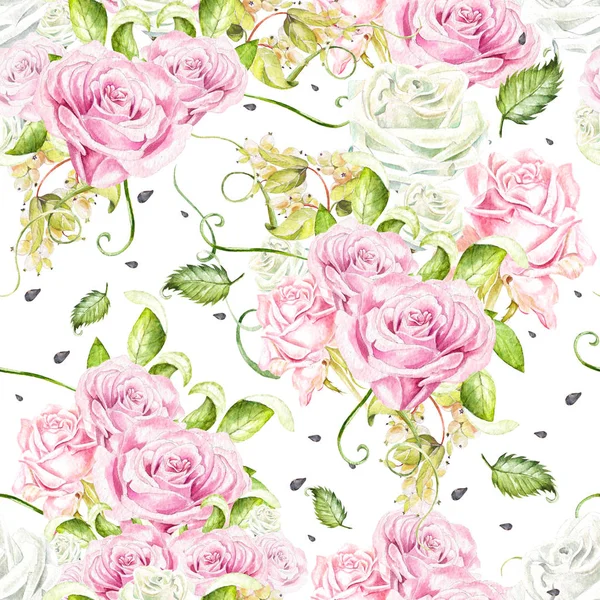 Seamless pattern with watercolor flowers. Rose. Hand drawn. — Stock Photo, Image