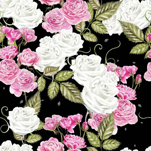 Seamless pattern with watercolor flowers. Rose. Hand drawn. — Stock Photo, Image