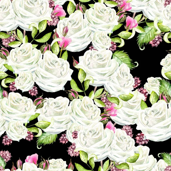 Seamless pattern with watercolor flowers. Rose with blackberries — Stock Photo, Image