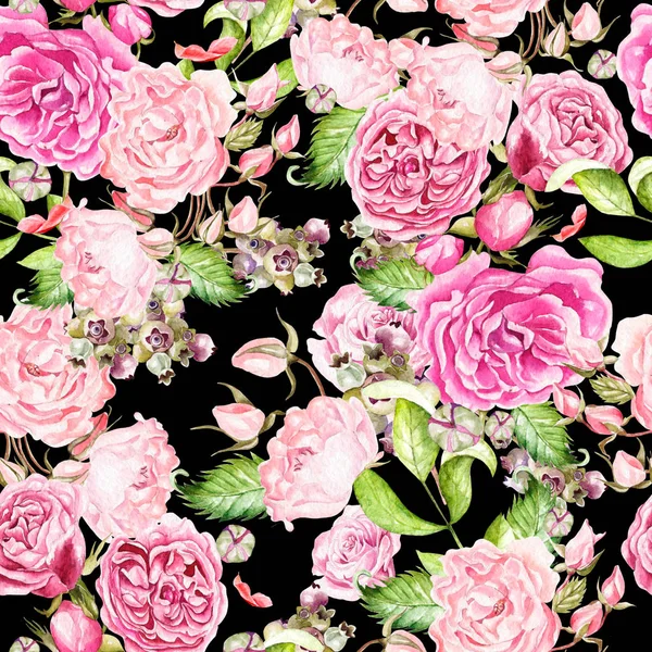 Seamless pattern with watercolor flowers. Rose with blackberries