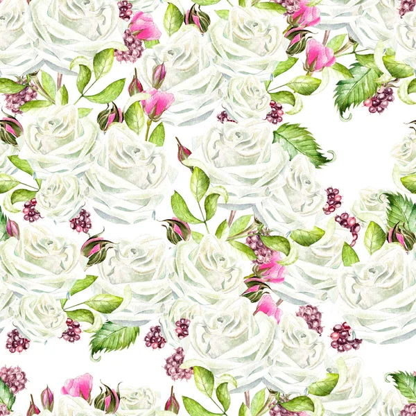 Seamless pattern with watercolor flowers. Rose with blackberries — Stock Photo, Image