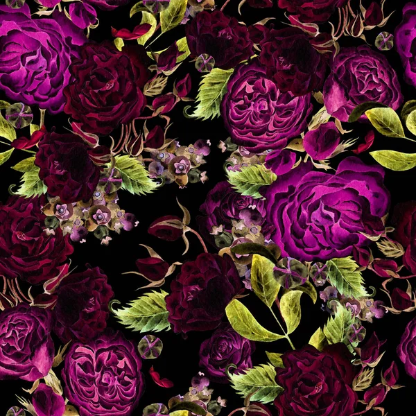 Nahtloses Muster mit Aquarellblumen. Rose mit Brombeeren — Stockfoto