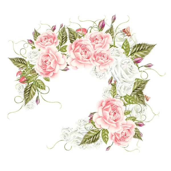 Gül çiçek ve meyveleri ile güzel suluboya kartı. Çelenk düğün.