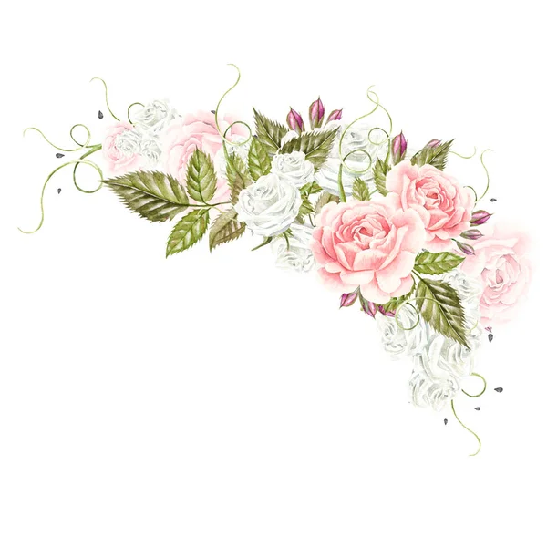 Όμορφη κάρτα ακουαρέλα με τριαντάφυλλα λουλουδιών και τα μούρα. Νυφικό στεφάνι. — Φωτογραφία Αρχείου
