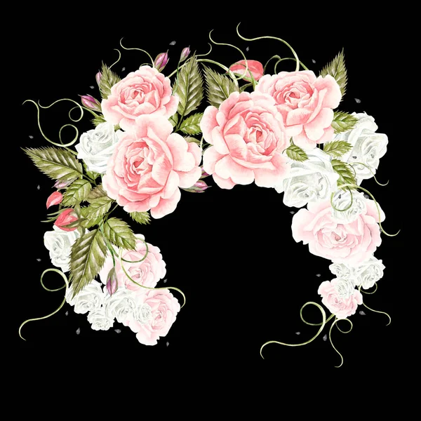 Gül çiçek ve meyveleri ile güzel suluboya kartı. Çelenk düğün. 