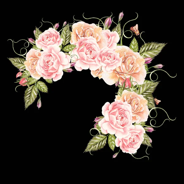 Vacker akvarell kort med rosor blomma och bär. Bröllop krans. — Stockfoto