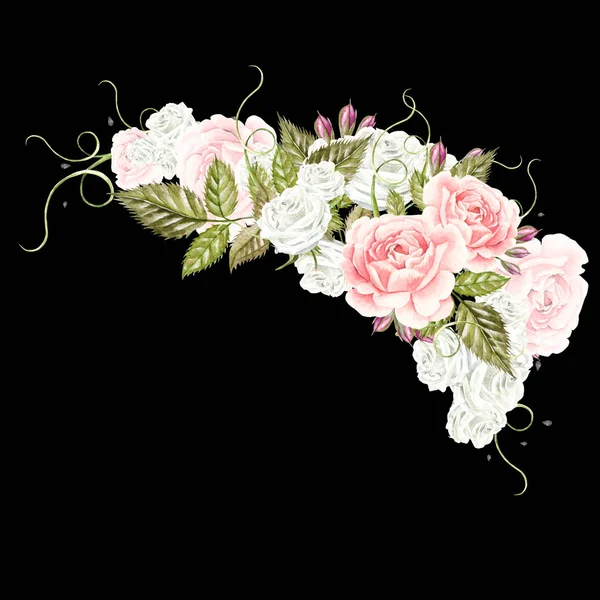 Gül çiçek ve meyveleri ile güzel suluboya kartı. Çelenk düğün.