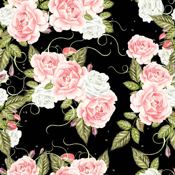 Seamless pattern with watercolor flowers. Rose. Hand drawn. 