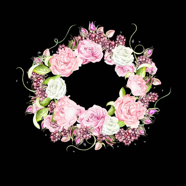 Gül çiçek ve meyveleri ile güzel suluboya kartı. Çelenk düğün. 