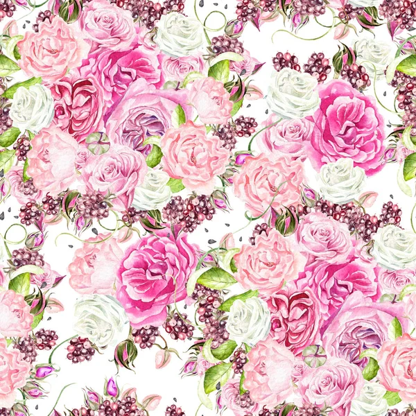 수채화 꽃으로 완벽 한 패턴입니다. 블랙베리와 로즈입니다. 손 rdawn입니다. 일러스트 레이 션. — 스톡 사진