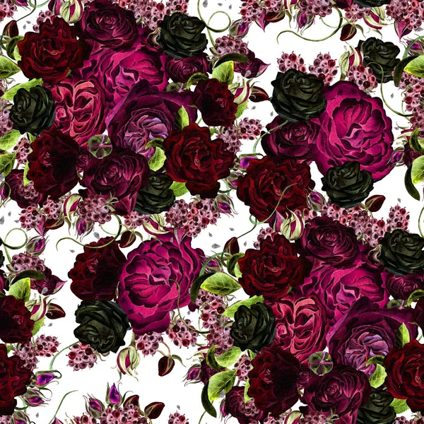 Nahtloses Muster mit Aquarellblumen. Rose mit Brombeeren. Handaufbruch. Illustration. — Stockfoto