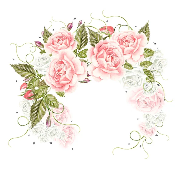 Beautiful watercolor card with roses flower and berries. Wedding wreath. — Stock Photo, Image