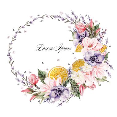 Lavanta çiçekleri, anemon çiçeği, Manolya ve turuncu meyveler ile güzel suluboya çelenk.