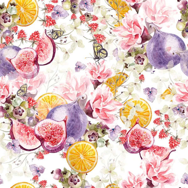 Belo padrão de aquarela com hortênsia, rosa, figos, laranja e framboesa . — Fotografia de Stock