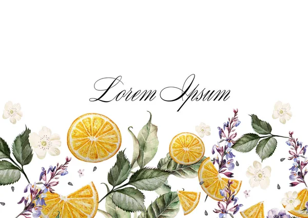 Kleurrijke aquarel Postkaart of bruiloft uitnodiging. Met lavendel, anemonen en oranje vruchten. — Stockfoto
