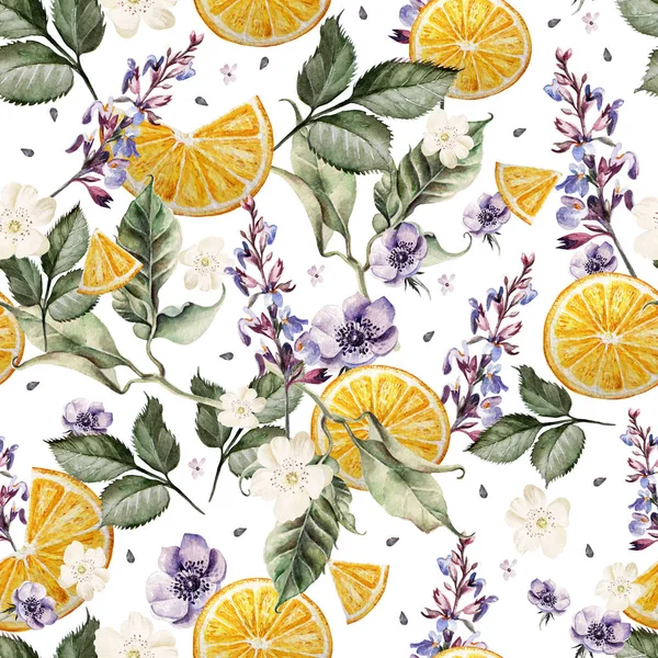 Πολύχρωμο μοτίβο ακουαρέλα με άνθη λεβάντας, ανεμώνες και πορτοκαλί φρούτα. — Φωτογραφία Αρχείου