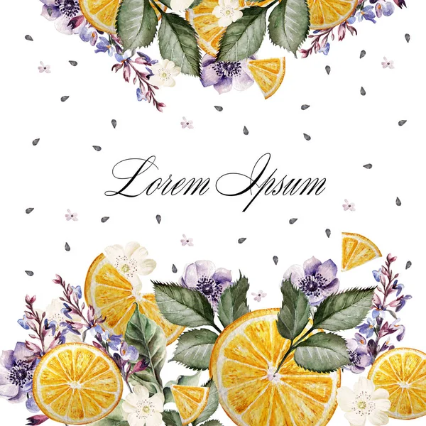 Renkli suluboya kartpostal veya düğün davetiyesi. Lavanta çiçekleri, anemon ve turuncu meyveler ile. — Stok fotoğraf