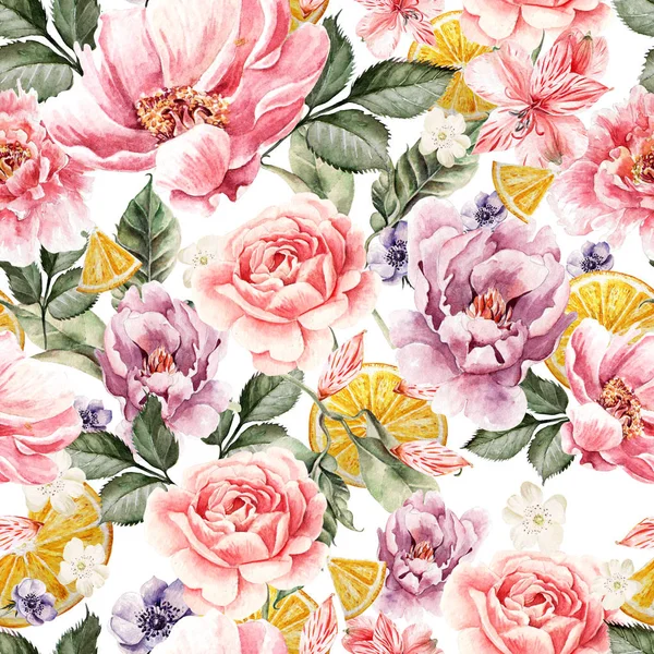 Seamless pattern with watercolor flowers. Peonies, anemone, citrus and roses. — Stock Photo, Image