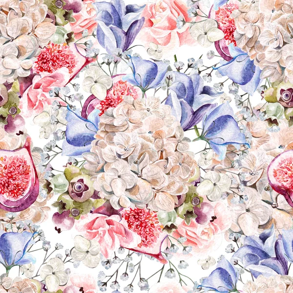 Beautiful watercolor pattern with hydrangea, rose, eustomiya, wildflowers and berries saskatoon. — Stock Photo, Image