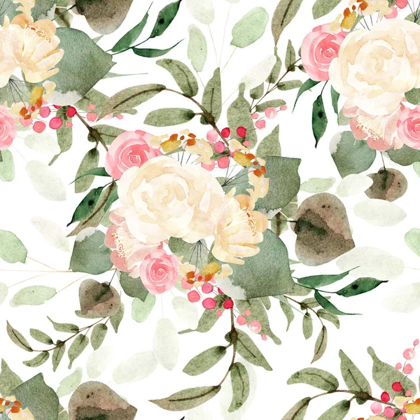 Vackra ljusa färgglada akvarell mönster med ros blommor. — Stockfoto