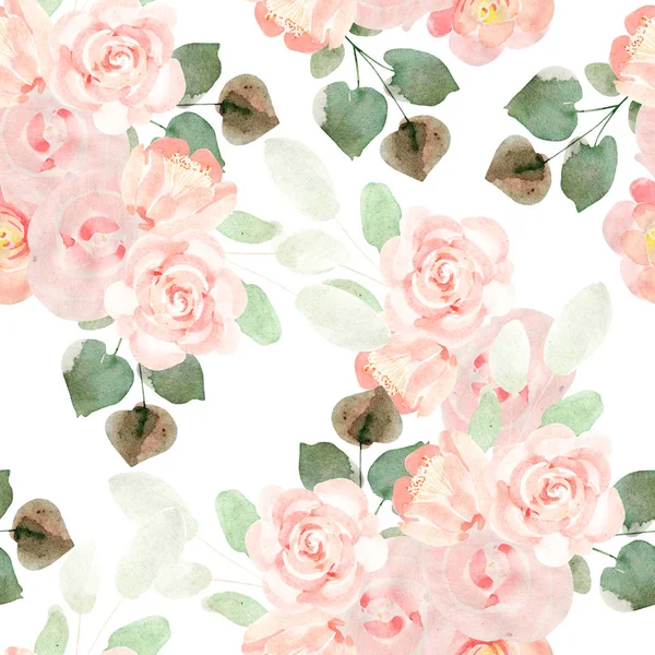 バラの花を持つ美しい明るいカラフルな水彩パターン. — ストック写真