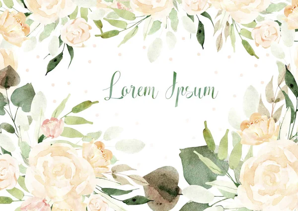 Beautiful watercolor card with roses flowers and leaves. Wedding — Stock Photo, Image