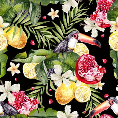 Güzel suluboya tropikal arka plan ile palmiye yaprakları, tukan, Hibiscus çiçek, limon ve nar meyve