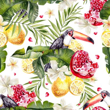 Güzel suluboya tropikal arka plan ile palmiye yaprakları, tukan, Hibiscus çiçek, limon ve nar meyve. 