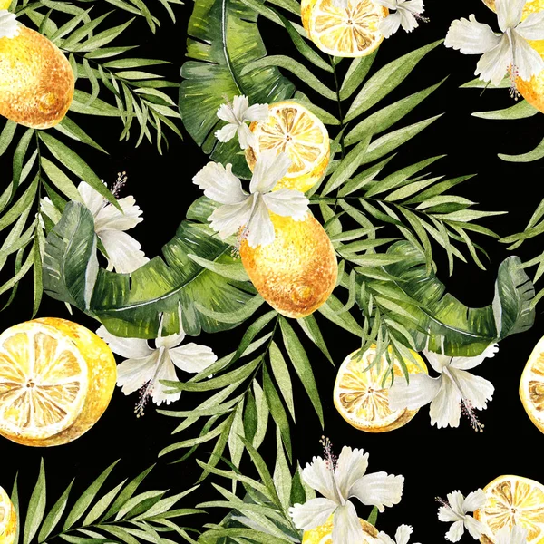 ヤシの葉、ハイビスカスの花、レモン フルーツと美しい水彩画のシームレスな熱帯ジャングル花柄背景. — ストック写真