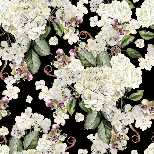 Heldere aquarel naadloze patroon met wilde bloemen en hydrang — Stockfoto
