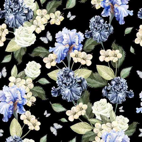 꽃 아이리스, 장미와 함께 밝고 다채로운 수채화 패턴. — 스톡 사진