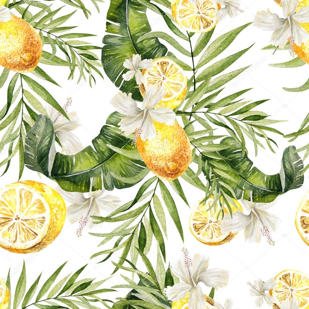 Beautiful watercolor seamless, tropical jungle floral pattern background with palm leaves, Hibiscus flowers and lemon fruit.