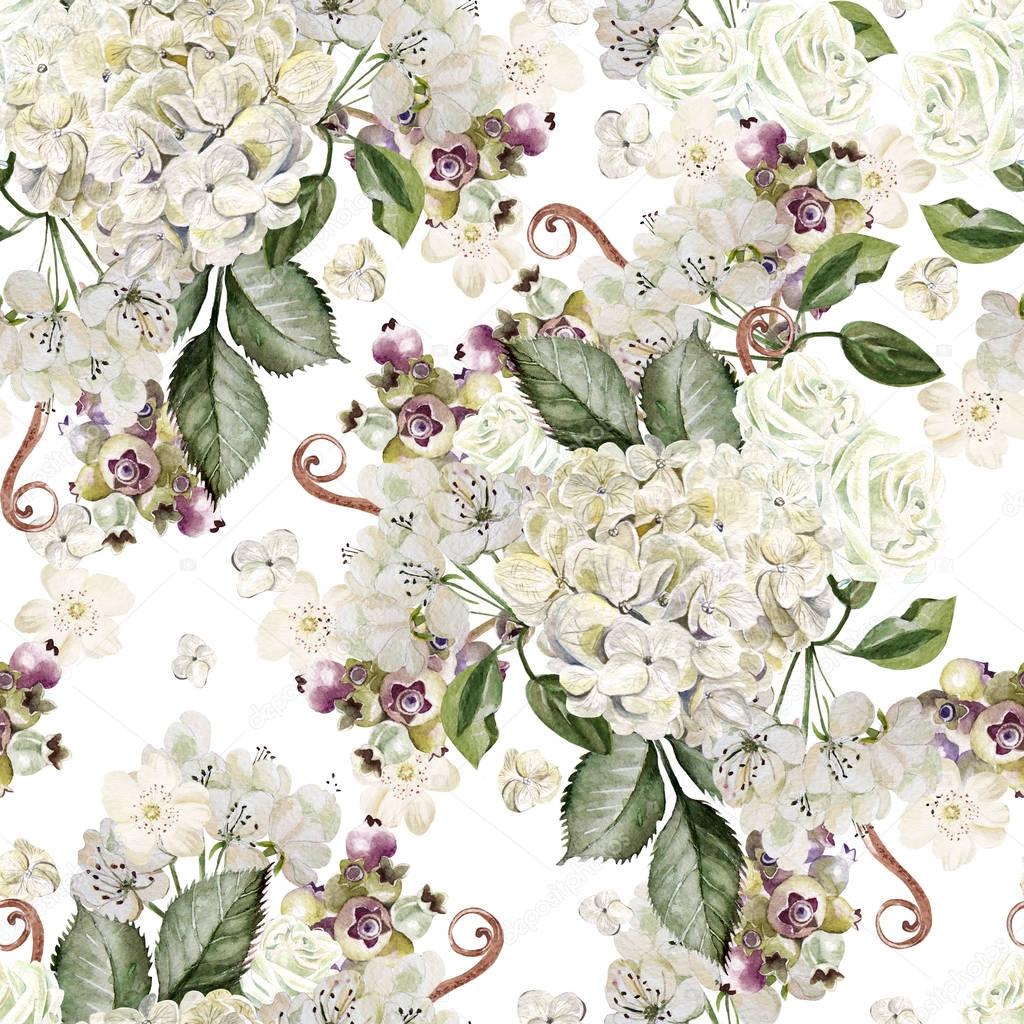 Bright watercolor seamless pattern with wild flowers and hydrangea.