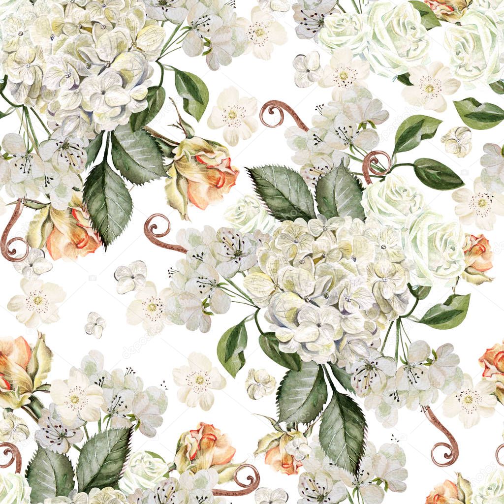 Bright watercolor seamless pattern with flowers roses, wild flowers and hydrangea. Illustration