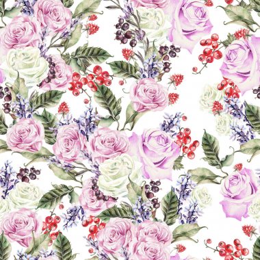 Gül ve lavanta çiçekleri parlak sulu boya Dikişsiz desen, frenk üzümü çilek. 