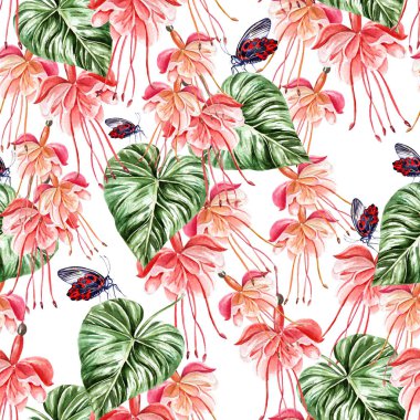 Palmiye yaprakları ve tropik çiçekler fuşya, plumeria ile güzel suluboya sorunsuz tropikal orman çiçek desenli arka plan. İllüstrasyon