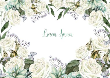 Gül ve lavanta çiçekleri parlak sulu boya Dikişsiz desen, frenk üzümü çilek. 