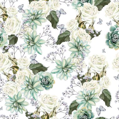 Çiçekli, sulu boya desenli güller, sulu çiçekler ve kır çiçekleri. Görüntü