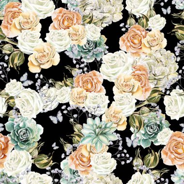 Çiçekli, sulu boya desenli güller, sulu çiçekler ve kır çiçekleri. Görüntü