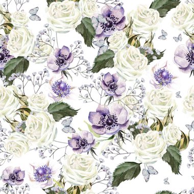 Çiçekler, güller, şakayıklar ve kır çiçekleriyle sulu boya desenleri. Görüntü